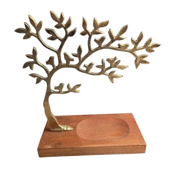 Jewelry Tree On Wood Dish Stand Gold Painted Metal 12H x 10L x 5D - Picture 2 of 7